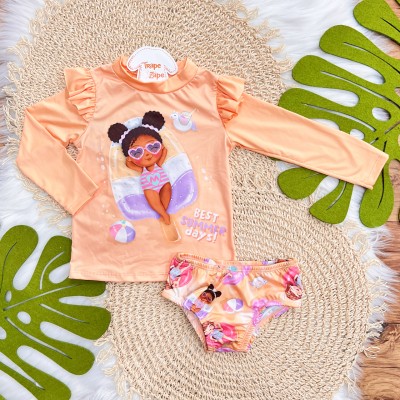 Linha Praia - Blusa com Proteção UV50+ e Calcinha Garotinha Best Summer Days - Laranja